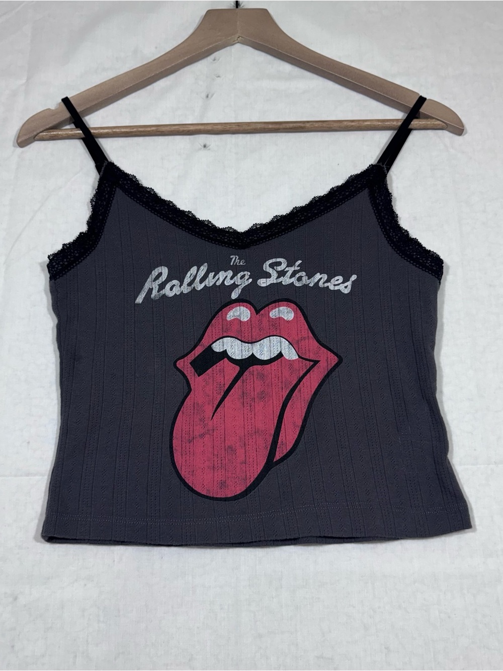 he Rolling Stones Grey Ribbed Graphic Cami Tank Top size Small Grunge